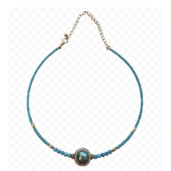 Turquoise Blue Gold Faceted Beads Choker Necklace W/Rhinestone Center Faux Pearl - Picture 8 of 10